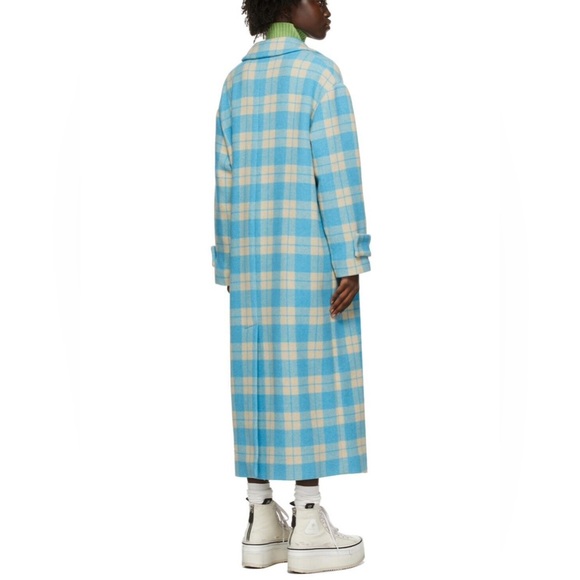 MSGM Blue Beige Checkered Long Wool Coat - Picture 2 of 5
